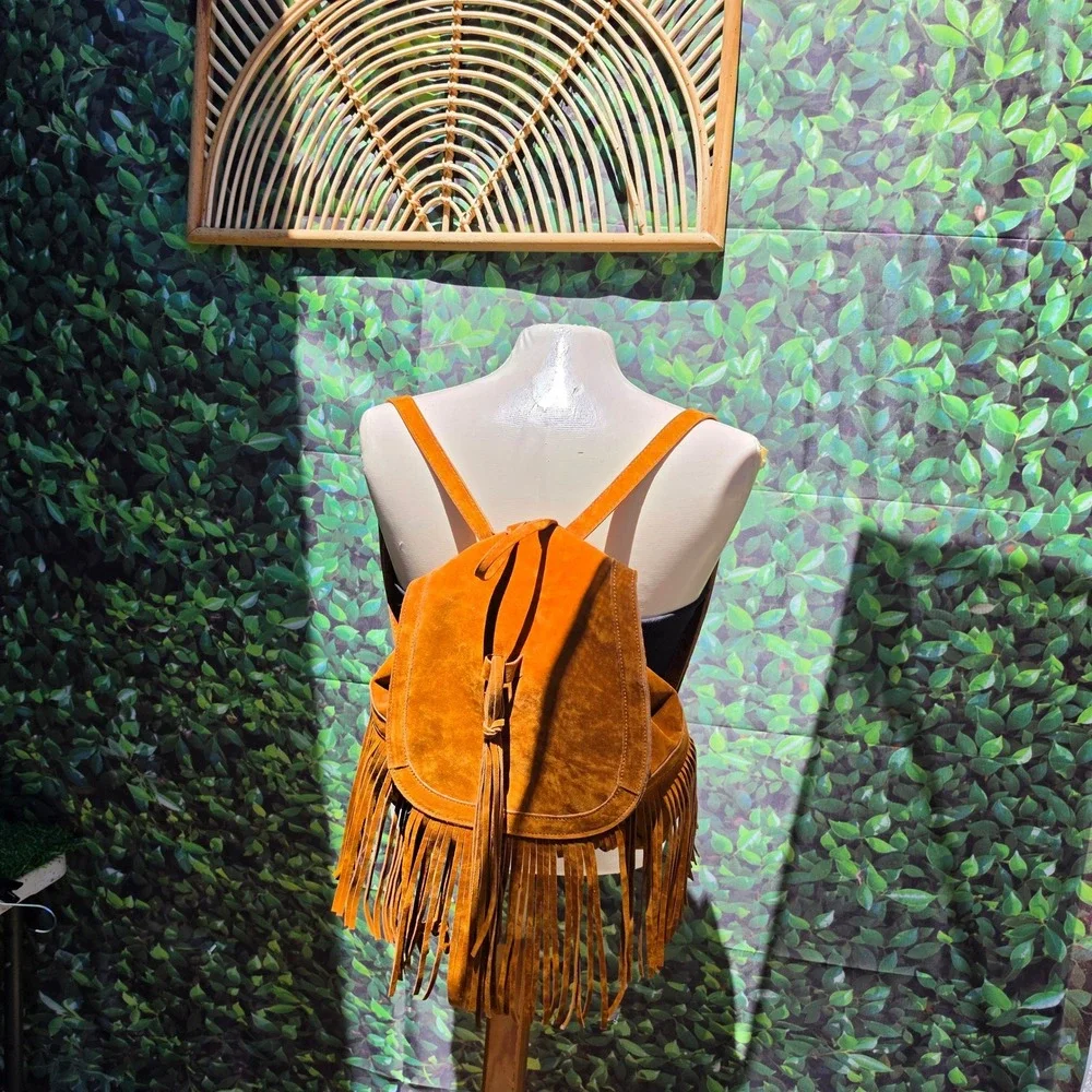 Cognac Brown Suede Fringe Backpack Boho Western Drawstring Bag Women